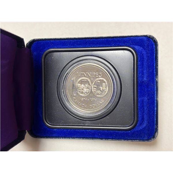 1874 – 1974 Winnipeg Centennial Nickel Dollar. Specimen. Housed in its original case.