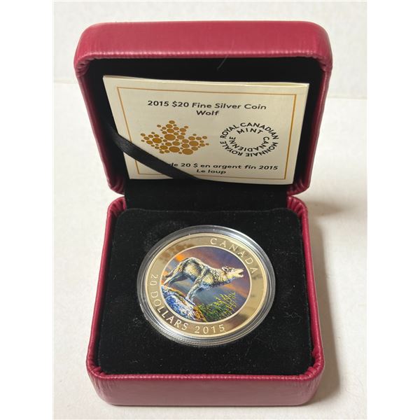 2015 Howling Wolf $20. 99.99% pure Silver. Colourized. Housed in its original RCM case plus COA.