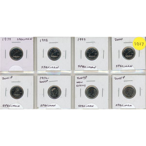 Set of 8 Canadian Specimen 10 Cents from 1979 to 2005P.