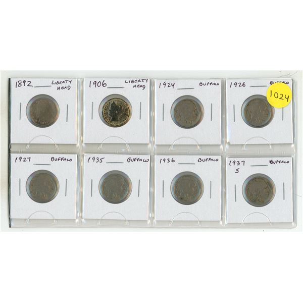Set of 8 U.S. Nickels. Includes Liberty Head and Buffalo Nickels 1892 – 1937S.