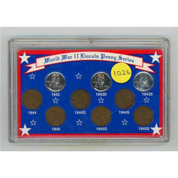 World War II Lincoln Penny Series. 9 different from 1943 to 1945S. Housed in a hard plastic case.