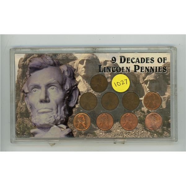 9 Decades of Lincoln Pennies. One from each decade. Housed in a hard plastic holder.
