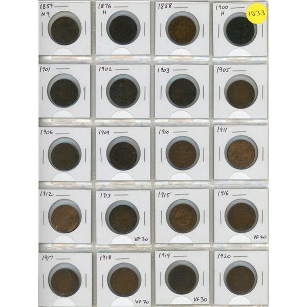 Set of 20 different Canadian Large Cents 1859 Narrow 9 to 1920. Coins grade up to VF30.