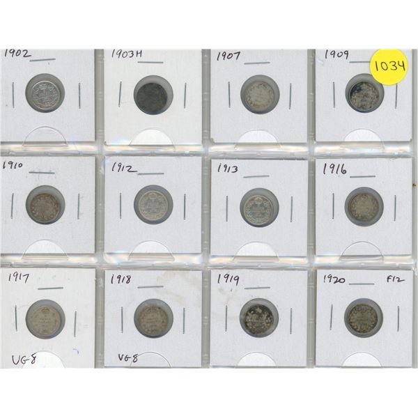 Set of 12 Canadian Silver 5 Cents 1902 – 1920. Coins grade up to F12.