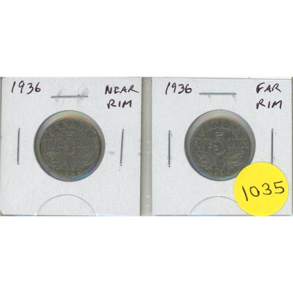 Set of 2 1936 Nickels. Includes both Near Rim and Far Rim varieties. Fine.