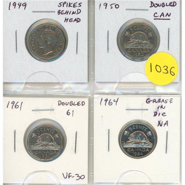 Set of 4 Error and Variety Nickels. Includes 1949 Spikes behind head, 1950 Doubled CAN, 1961 Doubled
