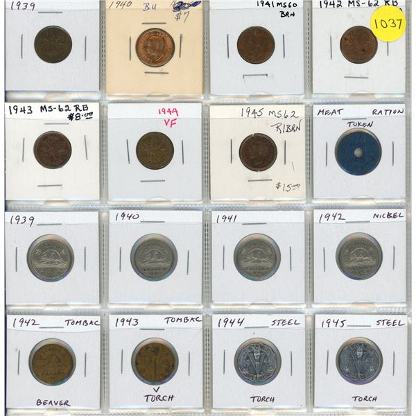 Set of 16 Canadian World War II Cents and Nickels. Includes both Tombacs and Steel 5 Cents, plus a M
