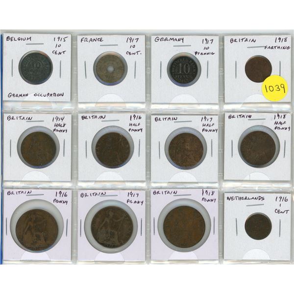 Set of 12 World War I coins 1914 – 1918 from Belgium under German occupation to Netherlands