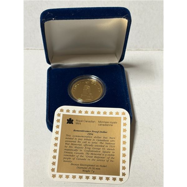 1994 National War Memorial Loonie Dollar. Proof with Ultra Heavy Cameo. Housed in its original RCM c