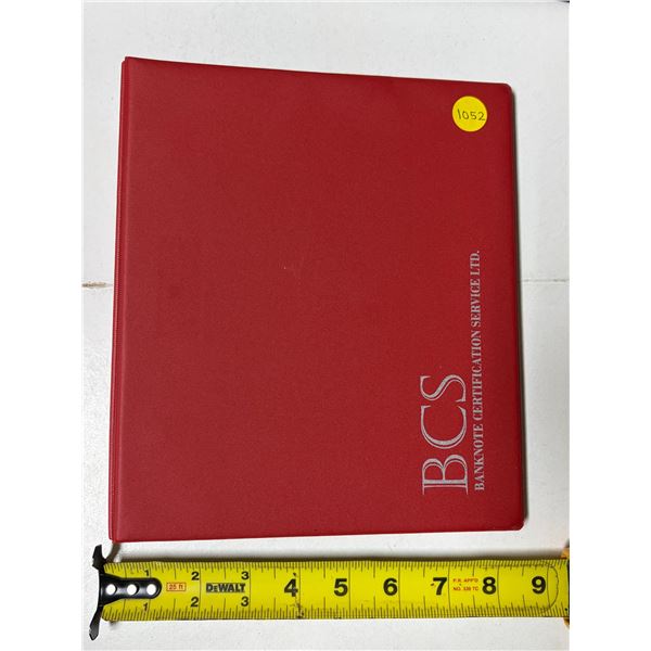 Empty Banknote Certification Service 3-ring binder for housing 20 Canadian banknotes. Used once.
