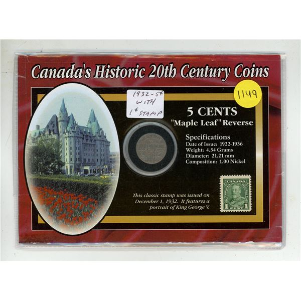 1932 Large Canada Nickel w/ Penny Stamp in Morgan Mint Holder