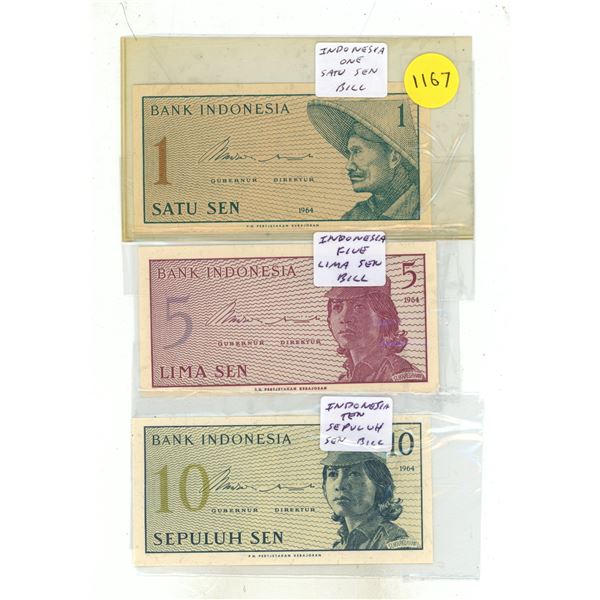 (3) Indonesia Bank Notes (One, Five, Ten Sen)