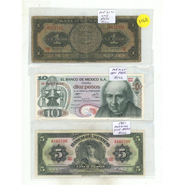 (3) Mexico Bank Notes (One, Five, Ten Pesos)