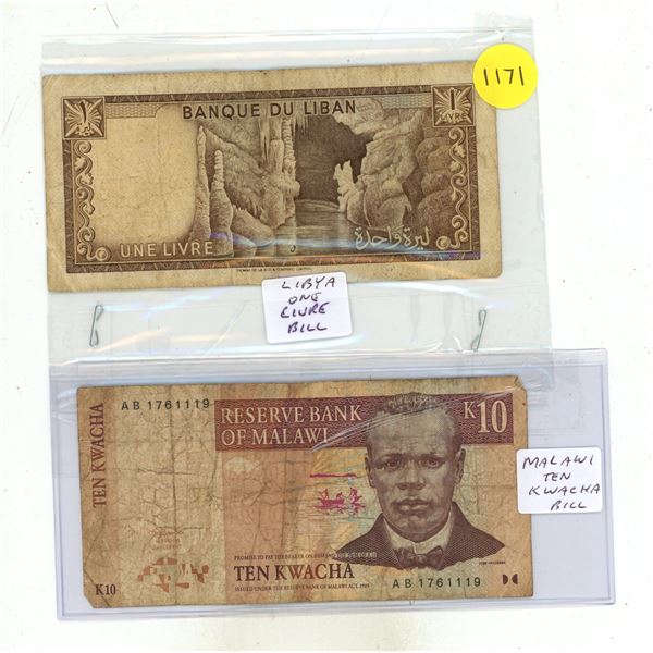 (2) Foreign Bank Notes – Libya One Livre, Malawi Ten Kwacha