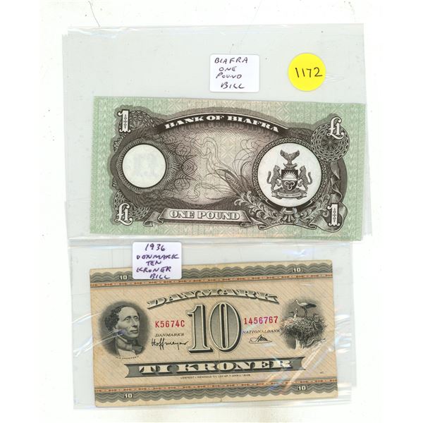 (2) Foreign Bank Notes – Biafra One Pound, Denmark Ten Kroner