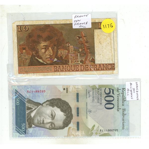 (2) Foreign Bank Notes – France Ten Francs, Venezuela 500 Bolivares