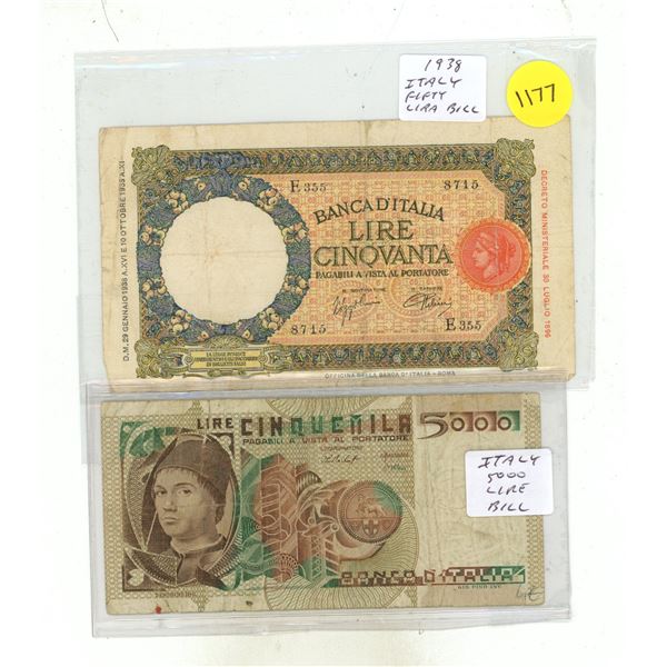 (2) Foreign Bank Notes – Italy Fifty, Five Thousand Lira