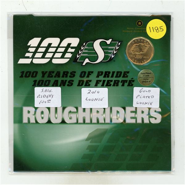 2010 Saskatchewan Roughriders 100 years Gold Plated Loonie