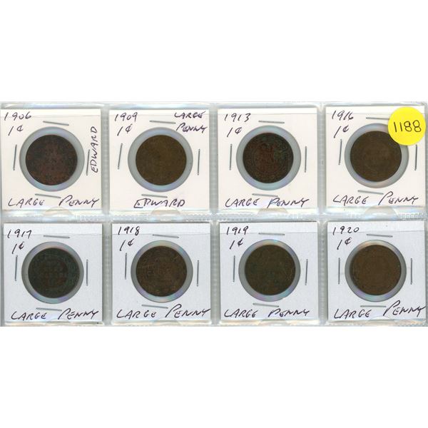 (8) Canada Large Pennies – 1906 &1909 Edward, 1913, 1916-1920