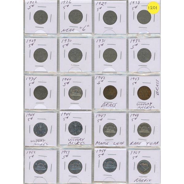 (20) Canada Nickles – Mixed Dates from 1922-1967 inc. Rabbit & Victory Nickels