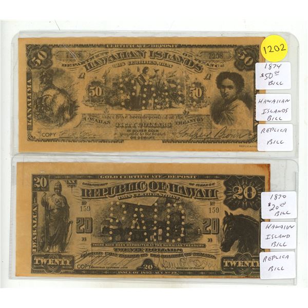 (2) REPLICA Hawaiian Islands Bank Notes