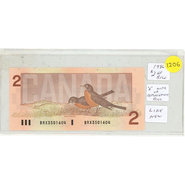 1986 Canada Two Dollar “X” Banknote – Like New