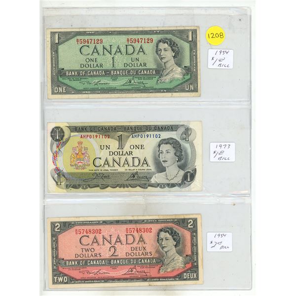1954 Canada One- & Two-Dollar Banknotes, 1973 Canada One Dollar Banknote