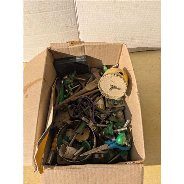 Box of router bits, holesaws, etc