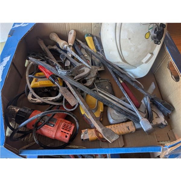 Box of tools, hardhat, heat gun, etc