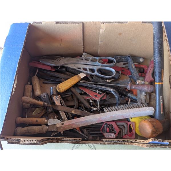 Box of assorted tools, hammers, prybars, etc