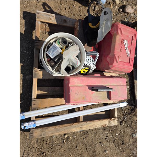 pallet of hardware and tool box with contents