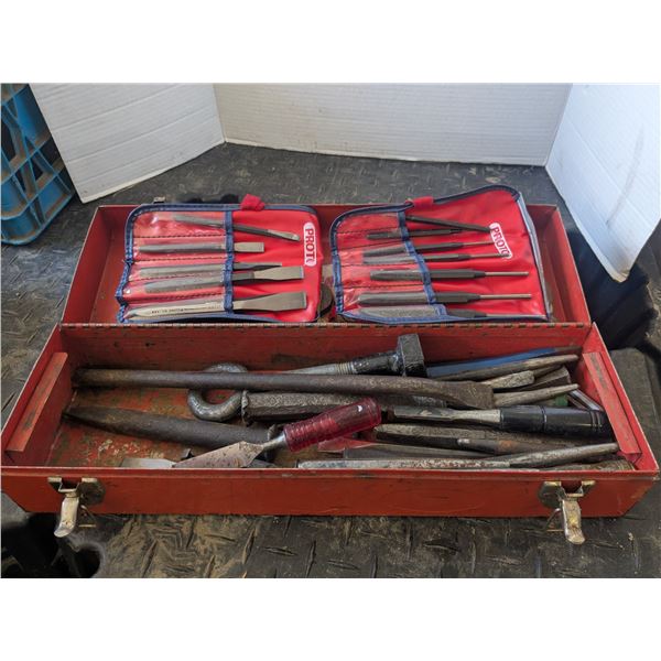 Vintage metal 19  toolbox with chisels, punches, etc