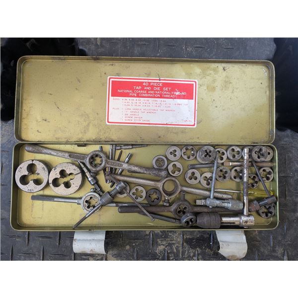 Tap and die set, with metal storage case