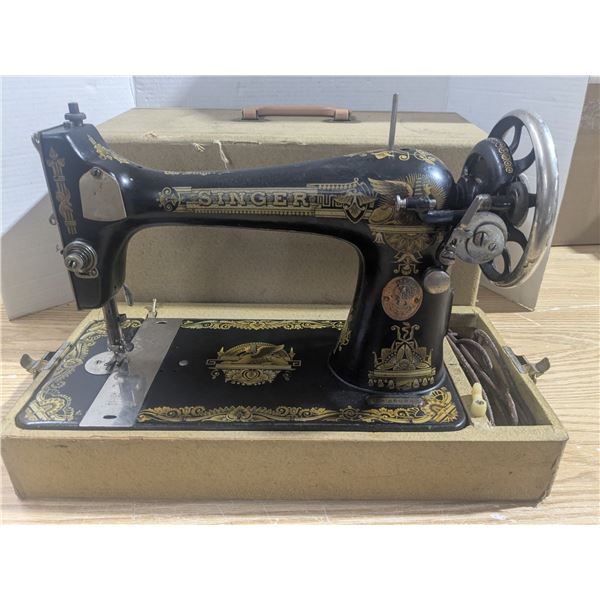 Antique Gold Sphinx Singer Model 127 Sewing Machine w/ Carry Case