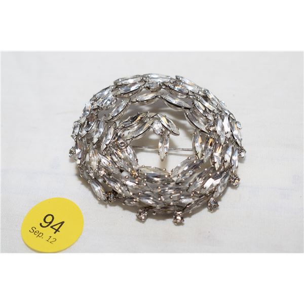 Vintage Sherman Signed Clear Rhinestone Spiral Swirl Brooch