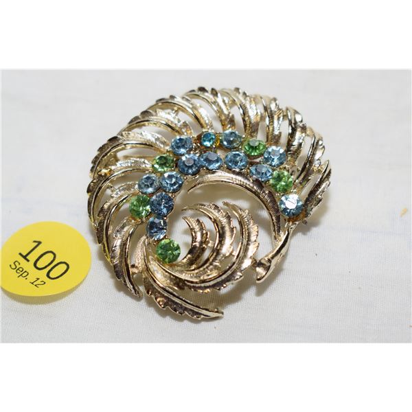 Vintage Gold-Tone & Rhinestone Feather Brooch