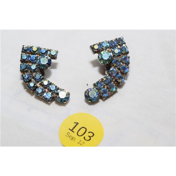 Vintage Blue-Green Aurora Borealis Rhinestone Clip-On Earrings