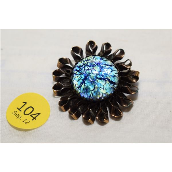 Vintage Artisan Copper Ribbon & Art Glass Brooch