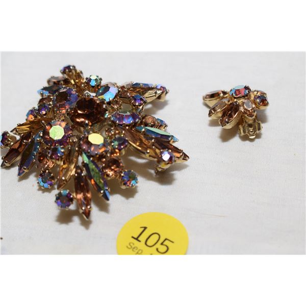 Vintage Sherman Signed Rhinestone Brooch (No Pin) & Single Earring Set