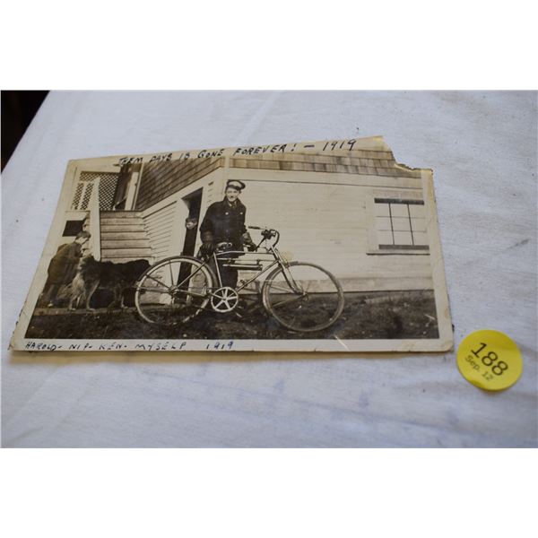 1914 Real Photo – Uniformed (Delivery/Messenger) Young Man and Bicycle