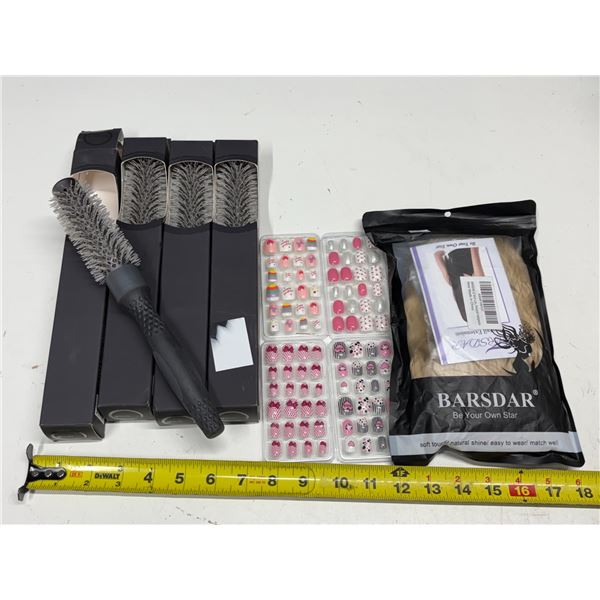 (4) Hair Brushes, Barsdar Hair Extension, Fake Nails. (Everything New)