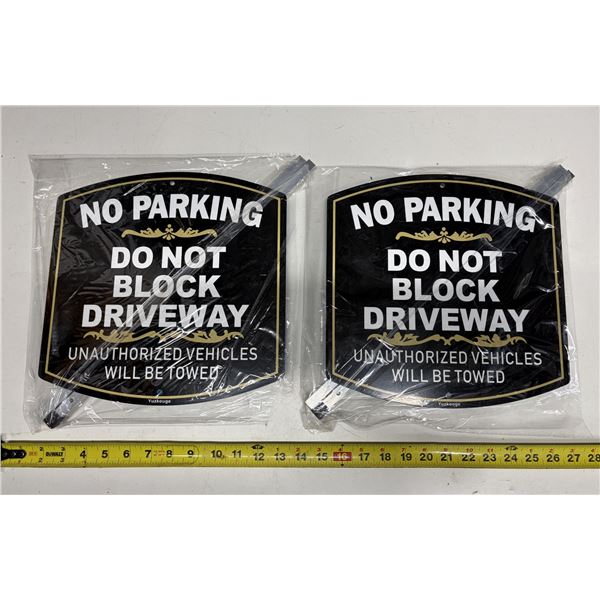 (2) No Parking, Do Not Block Driveway aluminum signs featuring detachable metal stakes. (New)