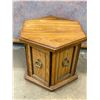 Image 1 : Vintage hexagonal oak wood end table featuring paneled cabinet doors with ornate brass ring pulls. (