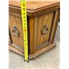 Image 2 : Vintage hexagonal oak wood end table featuring paneled cabinet doors with ornate brass ring pulls. (