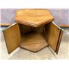 Image 3 : Vintage hexagonal oak wood end table featuring paneled cabinet doors with ornate brass ring pulls. (