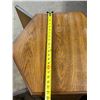 Image 4 : Vintage hexagonal oak wood end table featuring paneled cabinet doors with ornate brass ring pulls. (