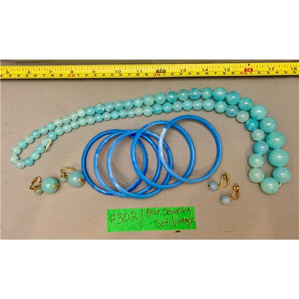 Vintage Periwinkle Blue Costume Jewelry Set – Necklace, (2) Sets Earrings, (5) Bangles