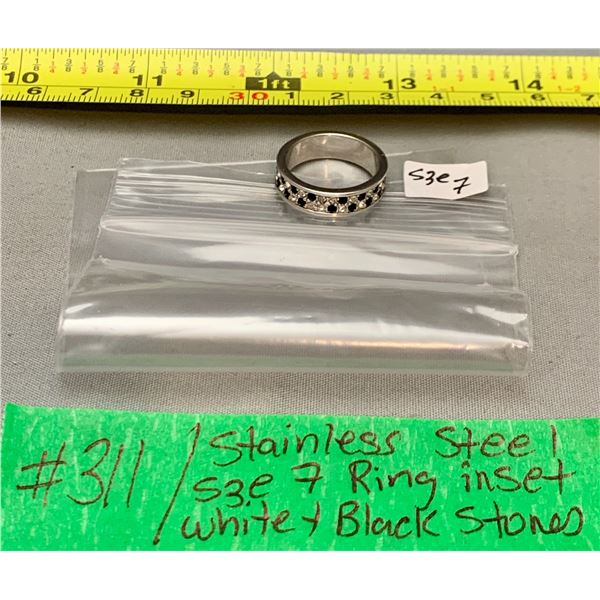 Stainless Steel Size 7 Ring Inset w/ Black & White Stones