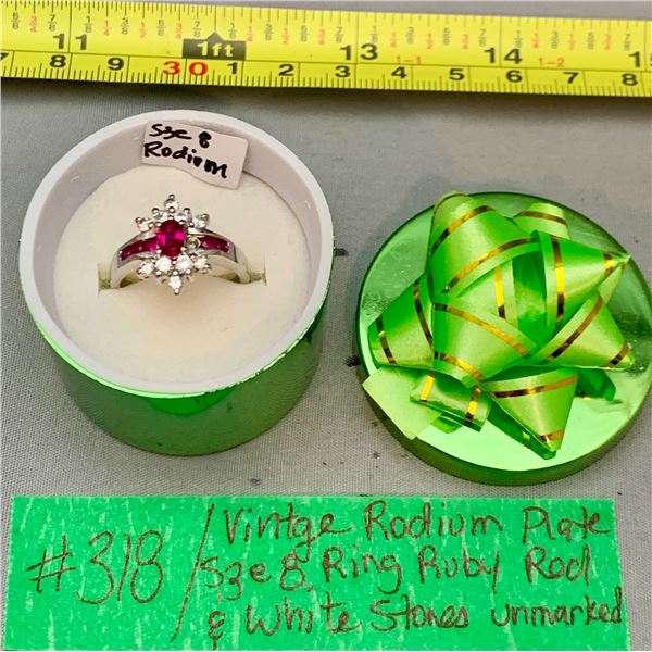Rhodium Plated Ring w/ Ruby & White Stones in Box – Size 8