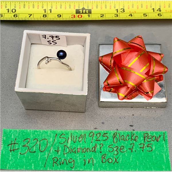 Vintage Sterling Silver “925” Black Pearl w/ Diamonds Ring in Box – Size 
